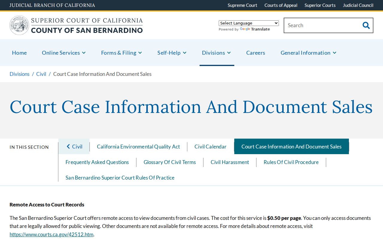 Redlands public records page for San Bernardino Superior Court civil documents