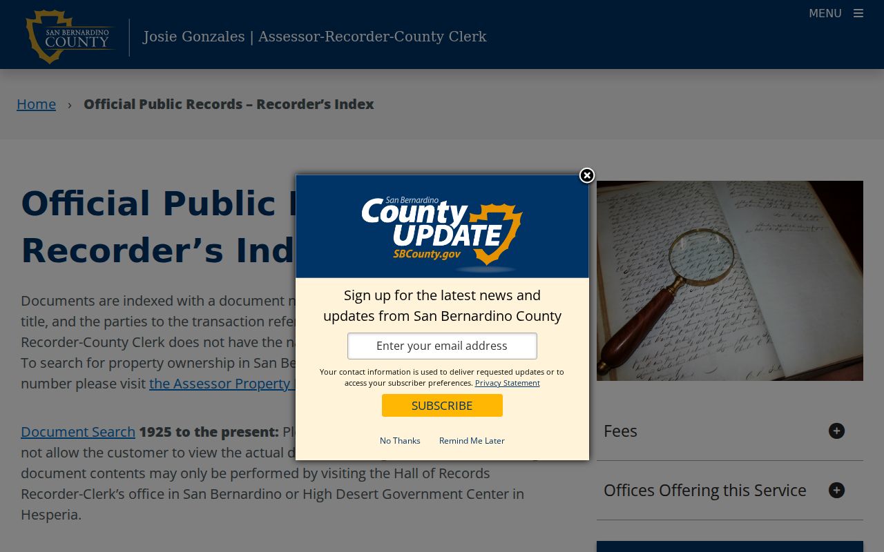 Redlands public records instructions for the county recorder index