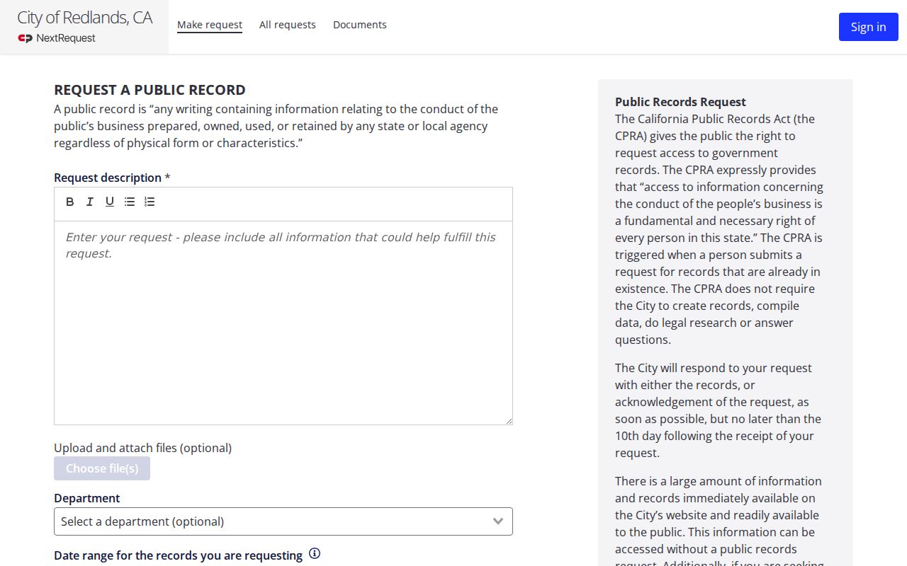 Redlands public records request form in NextRequest