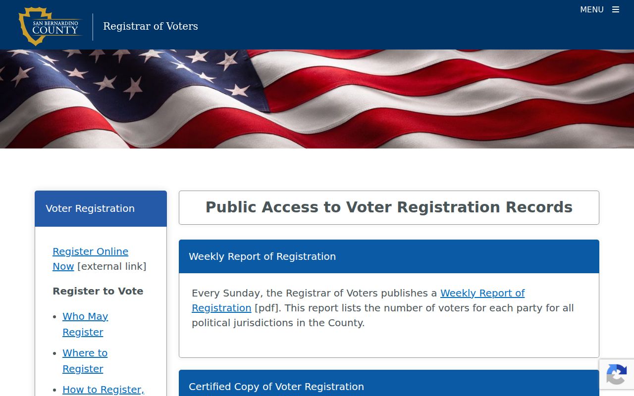 San Bernardino County page for Redlands voter registration reports and records