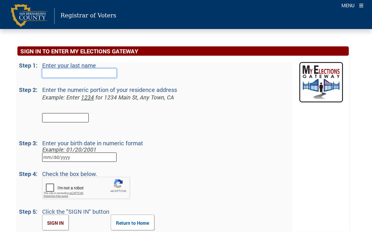 Redlands voter registration records search fields in My Elections Gateway